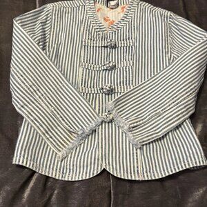 Baby Gap Striped Denim Mandarin Collar Frog Closure Jacket Blazer XS4
